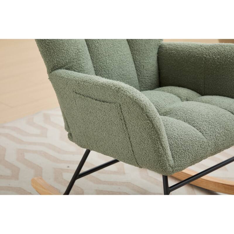 Teddy Fabric Rocking Chair with Solid Wood Legs and High Backrest