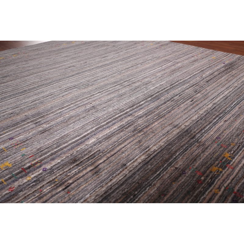 Striped Tribal Gabbeh Indian Square Area Rug Hand-Knotted Wool Carpet - 7'7"x 8'0"