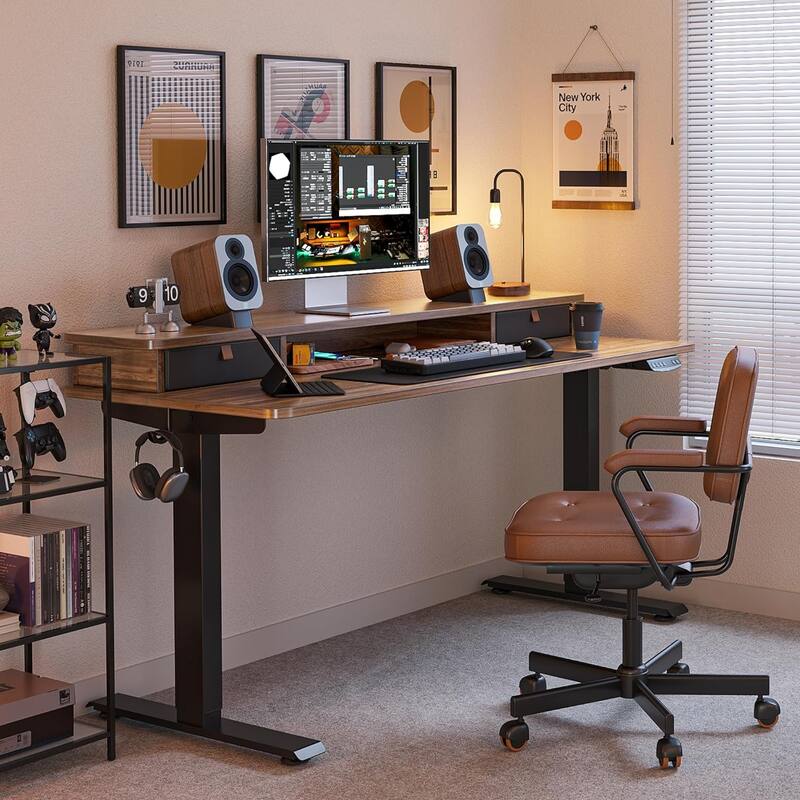 FEZIBO Height Adjustable Electric Standing Desk with Double Drawer, Stand Up Desk with Storage Shelf, Sit Stand Desk