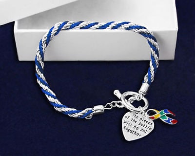 AUTISM Awareness SUPPORT BLUE Rope Bracelet Puzzle Ribbon and Charm