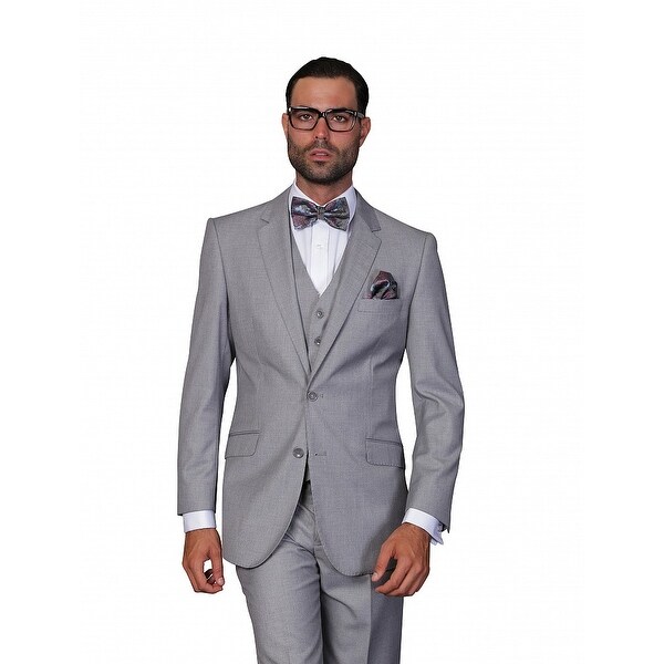 ST-100 Men's 3pc Solid GREY Suit, Modern Fit, 2 Button, 2 Side Vent, Flat Front Pants