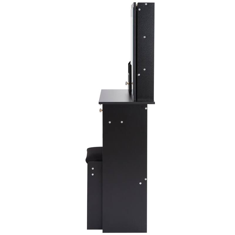 29.2" Small Space Left Drawer Desktop Vanity Table + Cushioned Stool, Extra Large Right sliding mirror