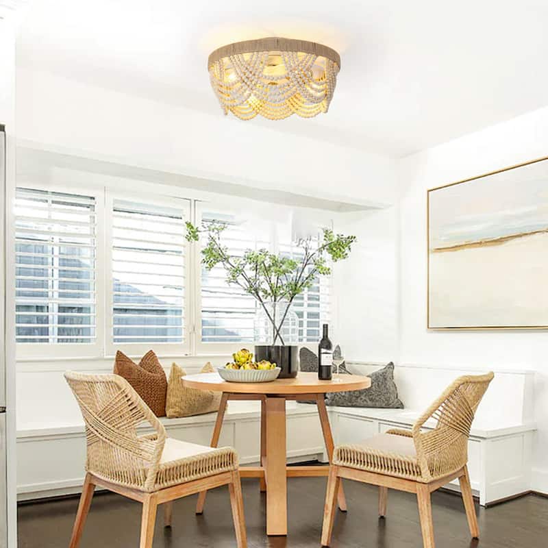 20" Smart Bohemian Wood Bead Beige Ceiling Fan with Remote and Light and APP Control - 19.7" D x 19.7" W x 10.1" H