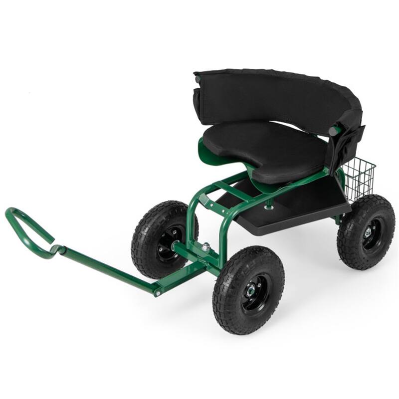 Adjustable Rolling Garden Cart with 360-Degree Swivel Seat Heavy-Duty Metal Frame Storage Basket - 35.5" x 24" x 23.5"-27"