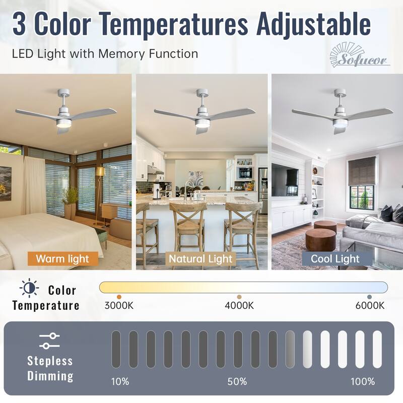 52" Solid Wood Noiseless 3-Blade Ceiling Fans with Dimmable LED Light Optional and Remote, 6-Speed Reversible DC Motor