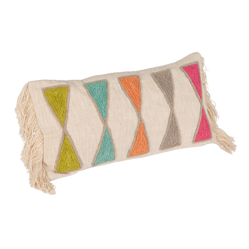 Cotton Lumbar Pillow with Embroidery and Fringe