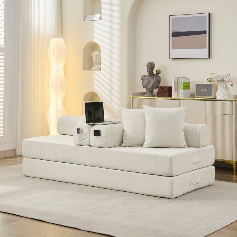 Roomfitters Convertible Folding Mattress Couch, Chenille Floor Sofa Bed with Armrest and Pillows, Lounge Couch