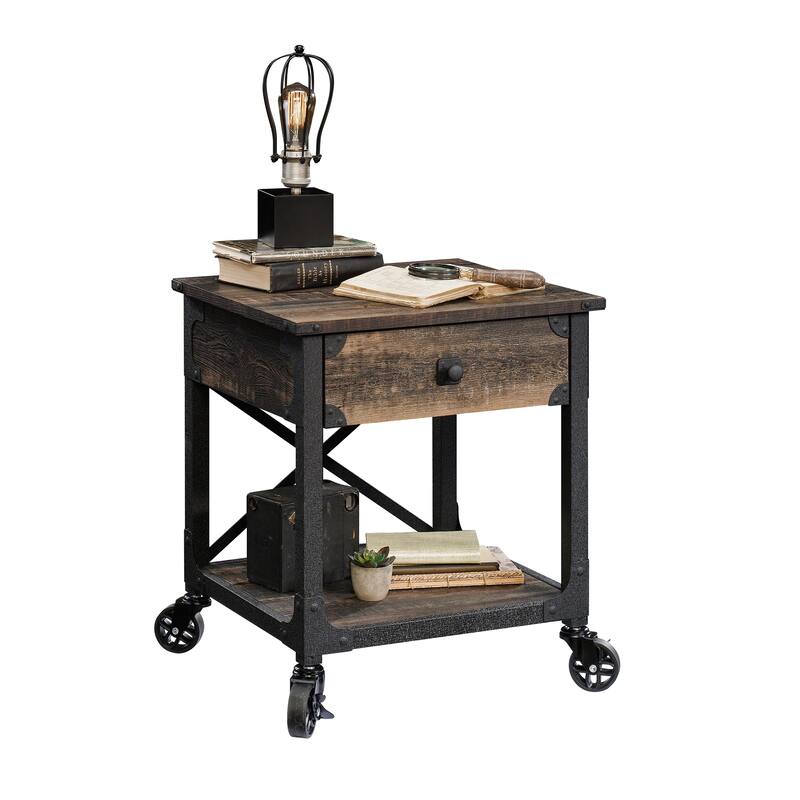 Wood Industrial Side Table with Smooth-Glide Drawers and Open Shelf, Brown - 22.44" L x 21.65" W x 23.11" H