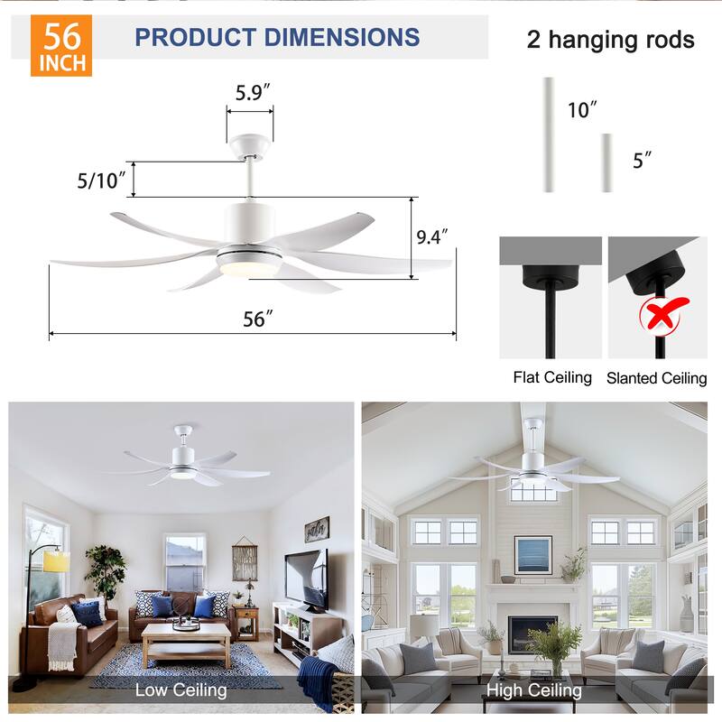 6 PCS ABS Blades 56 Ceiling Fan With Light Kit 3 Color LED Light Source, DC 6 Speed ,Remote Control Ceiling Fan