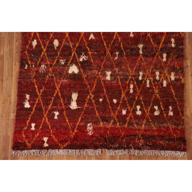 Hand Knotted Oriental 100% Wool Carpet Modern Geometric Red Moroccan Area Rug - 6' 4'' X 5' 0''