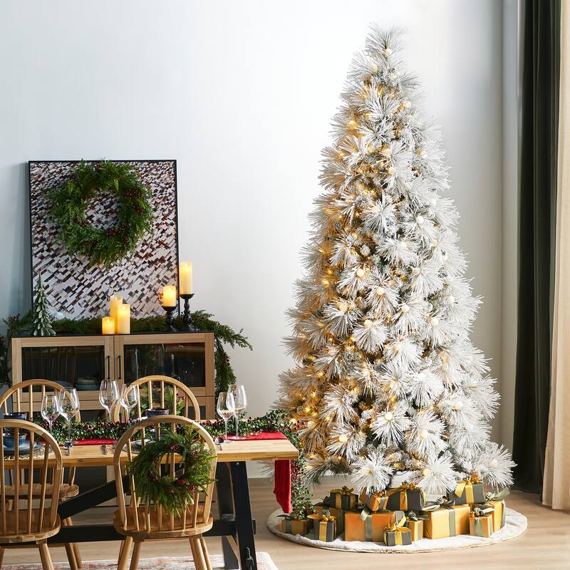 Glitzhome 7.5FT/9FT Pre-Lit Flocked Snowy Full Pine Artificial Christmas Tree with Warm White Globe Lights & Foot Switch