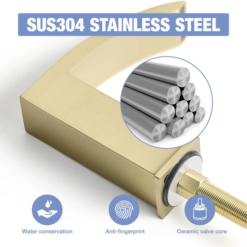 Brushed Gold Dual Handle 3 Holes Waterfall Bathroom Faucet