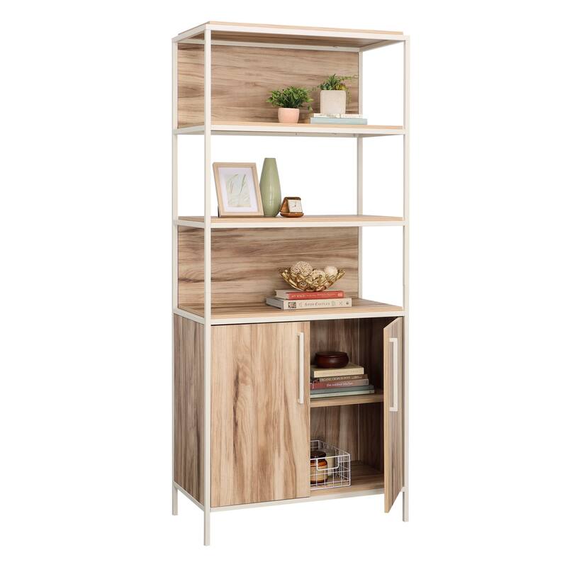 Wood Bookcase with Doors, Brown - 32.99" W x 17.13" D x 75.98" H