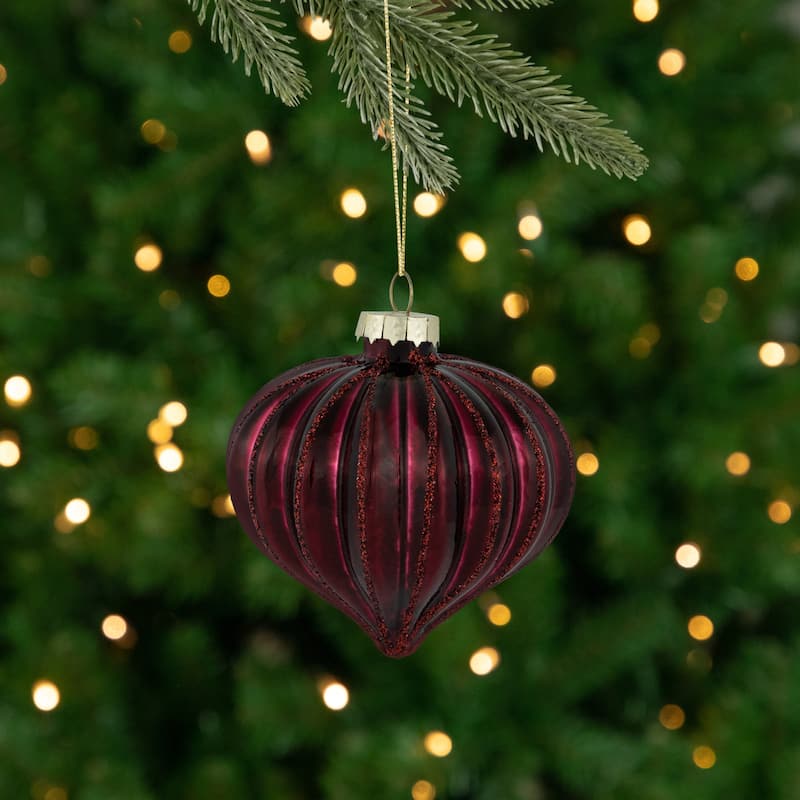 Glittered Onion Glass Christmas Ornaments - 3.25" - Maroon - 4ct