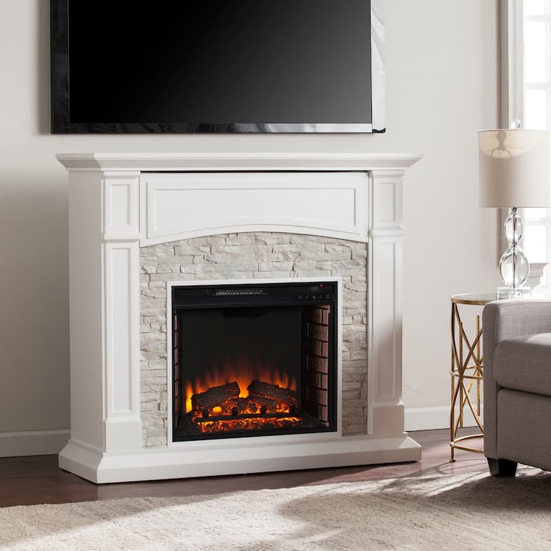 45.75 in. Freestanding Wood Smart Electric Fireplace TV Stand in White for space-saving living room furniture