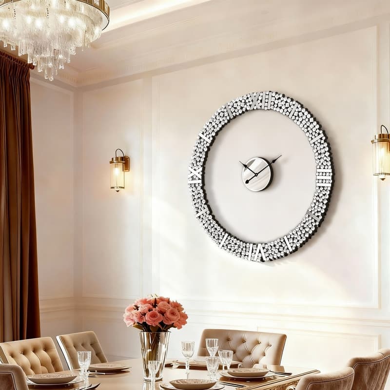 Foldable-Frame Round Wall Clock Adorned with Crystals - Silver