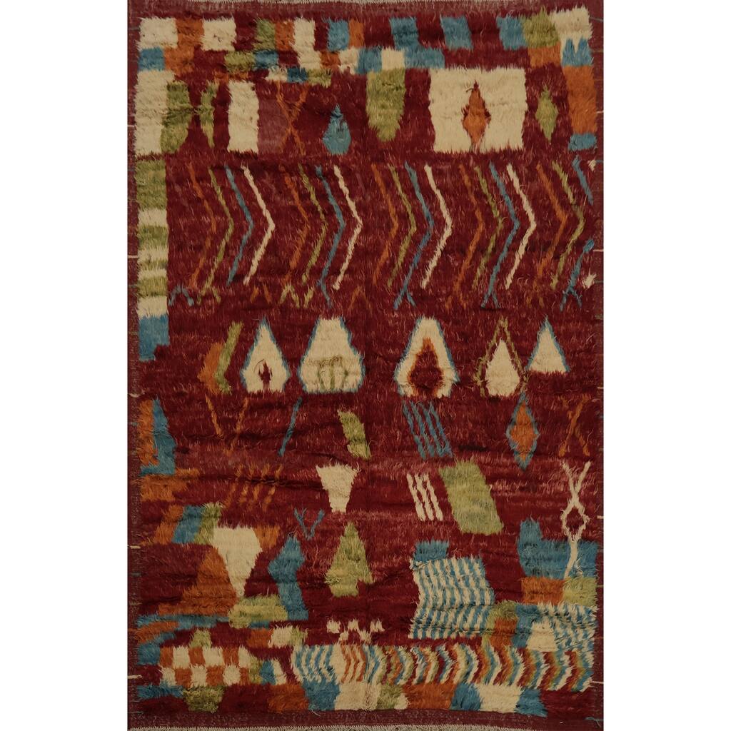 Hand Knotted Oriental 100% Wool Carpet Modern Tribal Red Moroccan Area Rug - 9' 8'' X 7' 1''