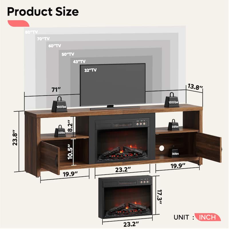 Bestier 70" Fireplace TV Stand for TVs up to 75", LED Entertainment Center with 23" Remote Control Electric Fireplace