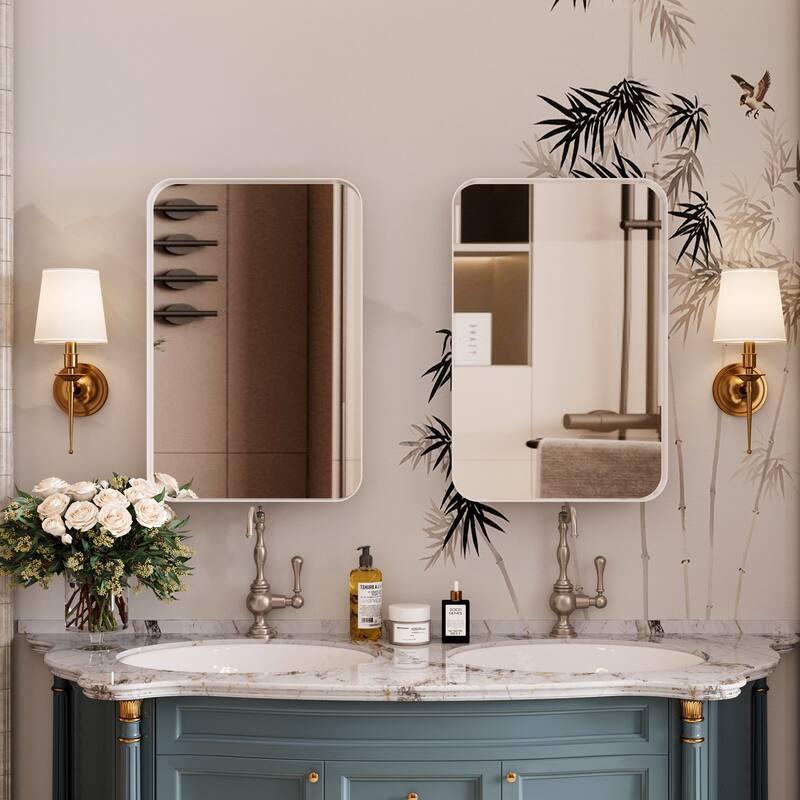 16" x 24" Black/ White Rectangular Metal Framed Medicine Cabinet with Mirror and Adjustable Shelves