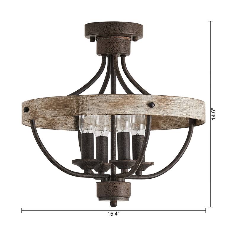 4-Light Rusted Brown Wood Semi-Flush Mount Ceiling Light