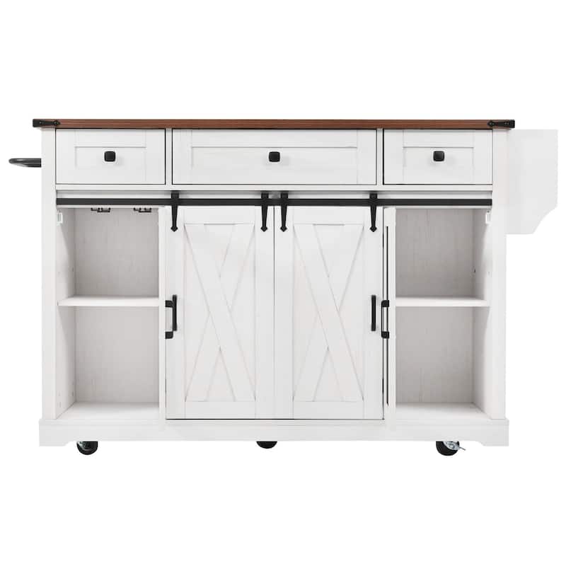 58" Farmhouse Kitchen Island with Sliding Barn Door, Drop Leaf & Storage, Mobile on 5 Wheels