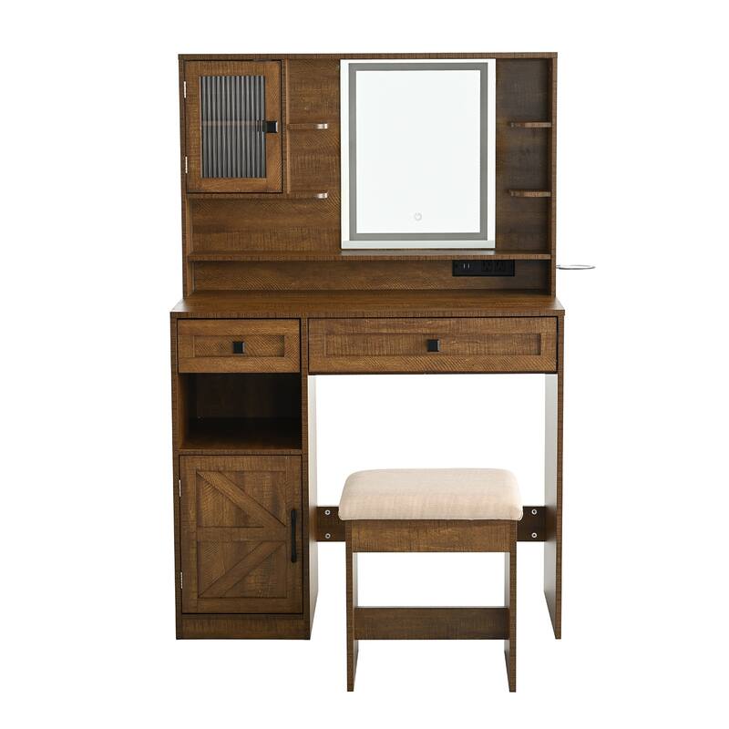 Vanity Desk with Touch Control Light Mirror, Dressing Table Set with Charging Station & Stool, Large Makeup Vanity Table