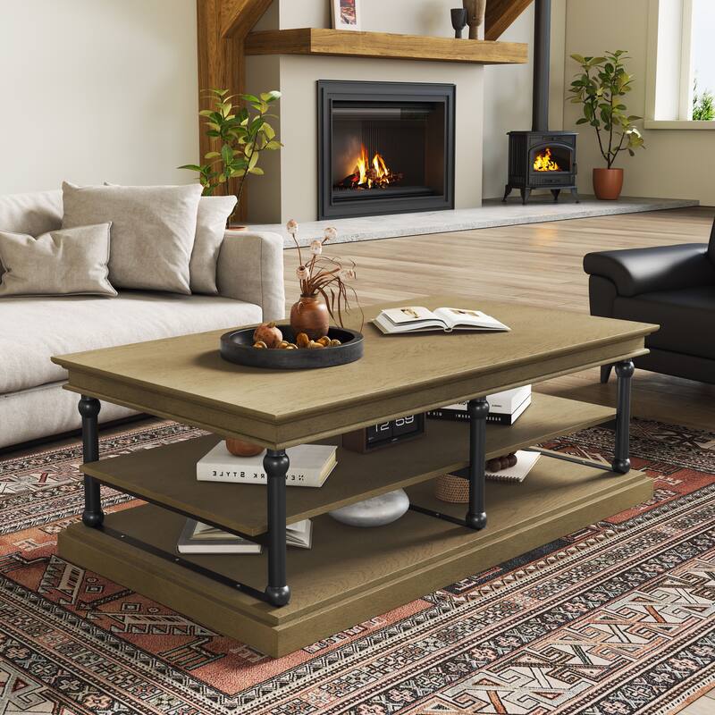 55.1" Wood Coffee Table with Black Legs, 2 Open Storage Shelves, Modern Living Room Table