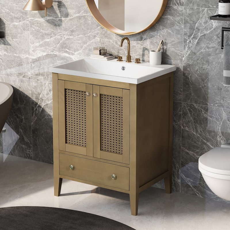 24" Bathroom Vanity with Ceramic Basin, Rattan Bathroom Storage Cabinet with 2 Doors and Drawer - Painted - Natural
