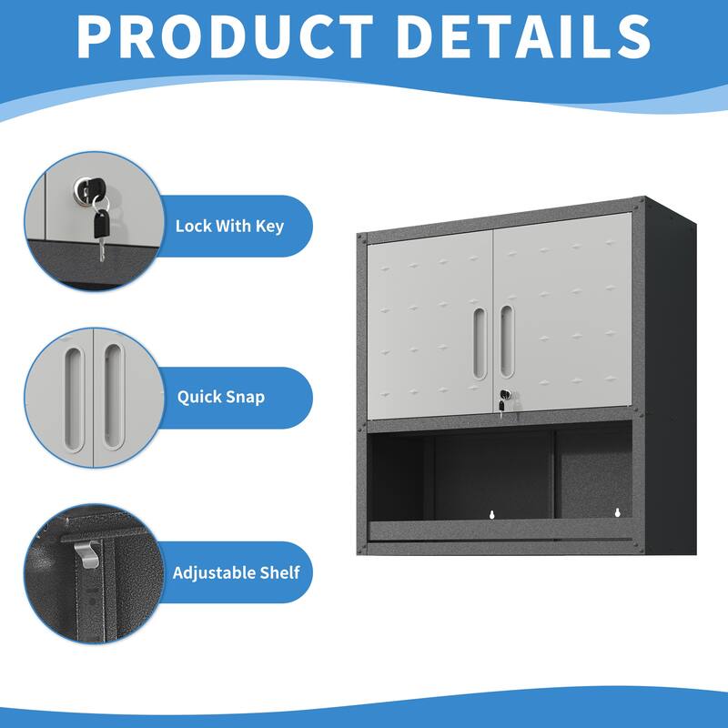 Grey Metal Wall Mounted Storage Cabinet with Locking Doors and Drawer for Home Office Garage - 29.5"W x 30.3"H x 11.8"D