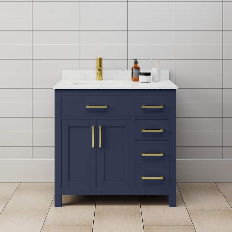Wyndham Collection WCG242436S-UNSMXX Beckett 36" Free Standing Single - Dark Blue / Carrara Cultured Marble Top / Brushed
