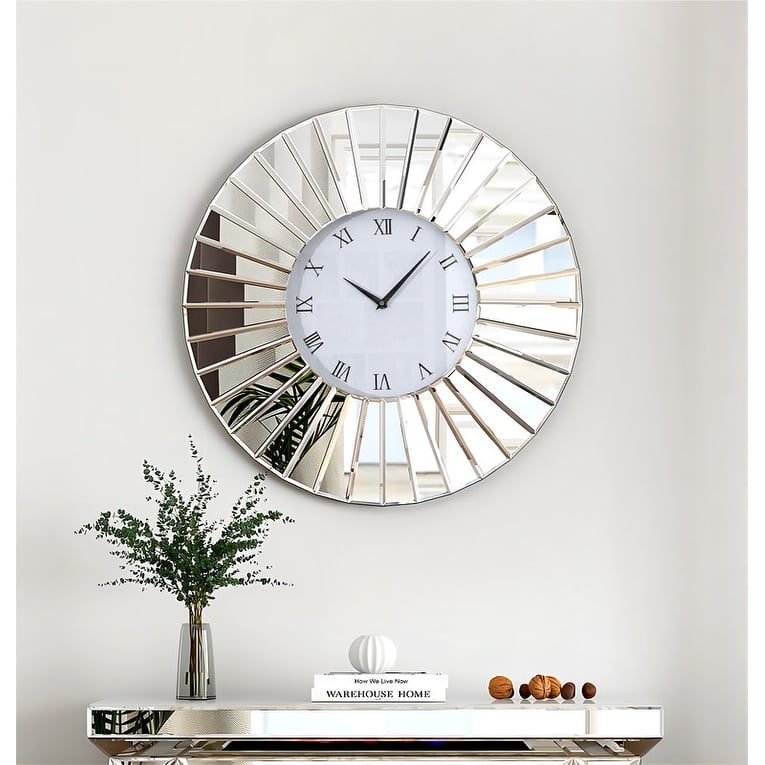 Mirrored Large Clocks Round Wall Clock - Silver