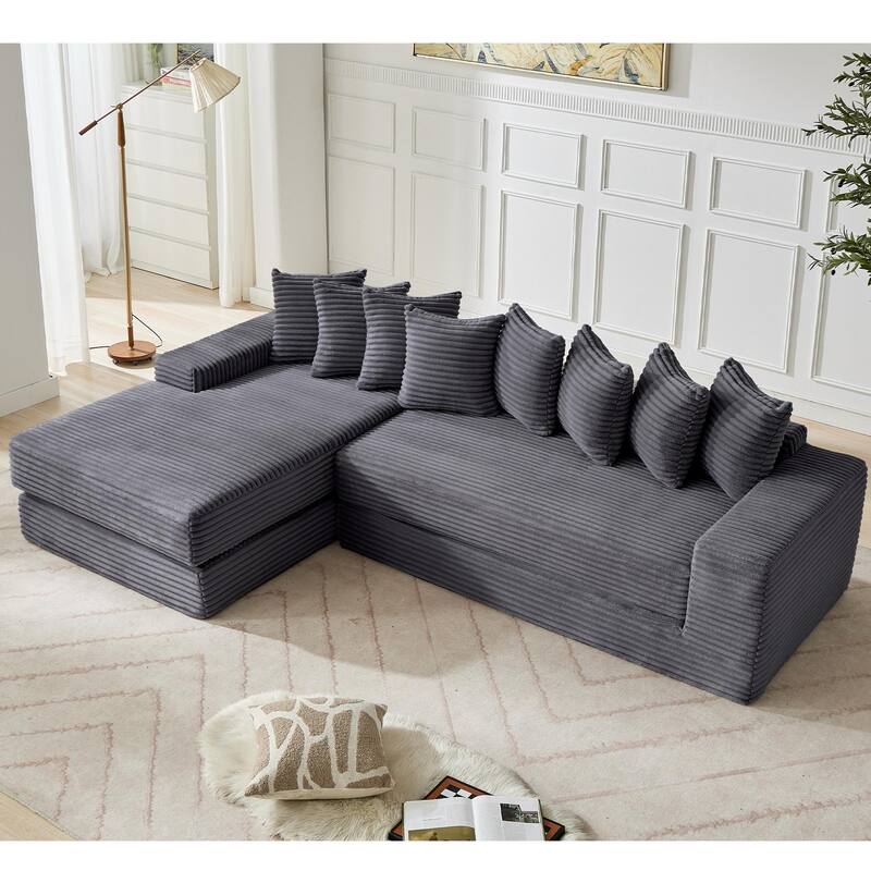 Floor Sleeper Sofa Bed Convertible L-shaped Modular Sectional Couch with Chaise, Corduroy Compression Sofa with Side Pockets