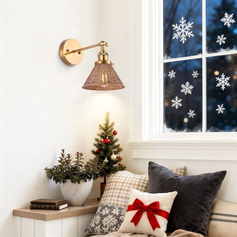 1-Light Farmhouse Brown Rattan Gold Brass Wall Swing Arm Lamp Wall Sconce