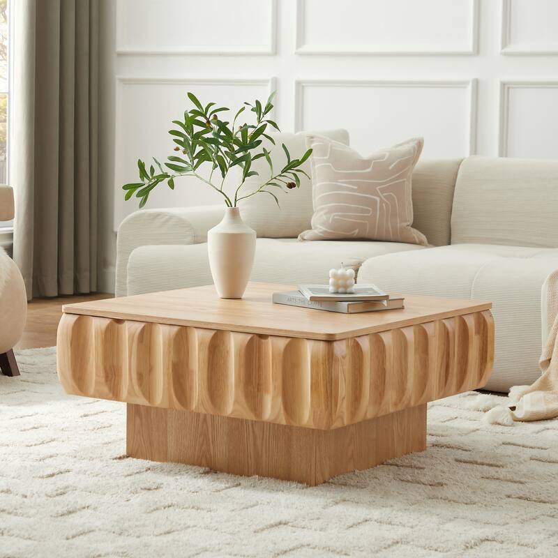 Square Lift-Top Coffee Table with Solid Wood Frame and Hidden Storage