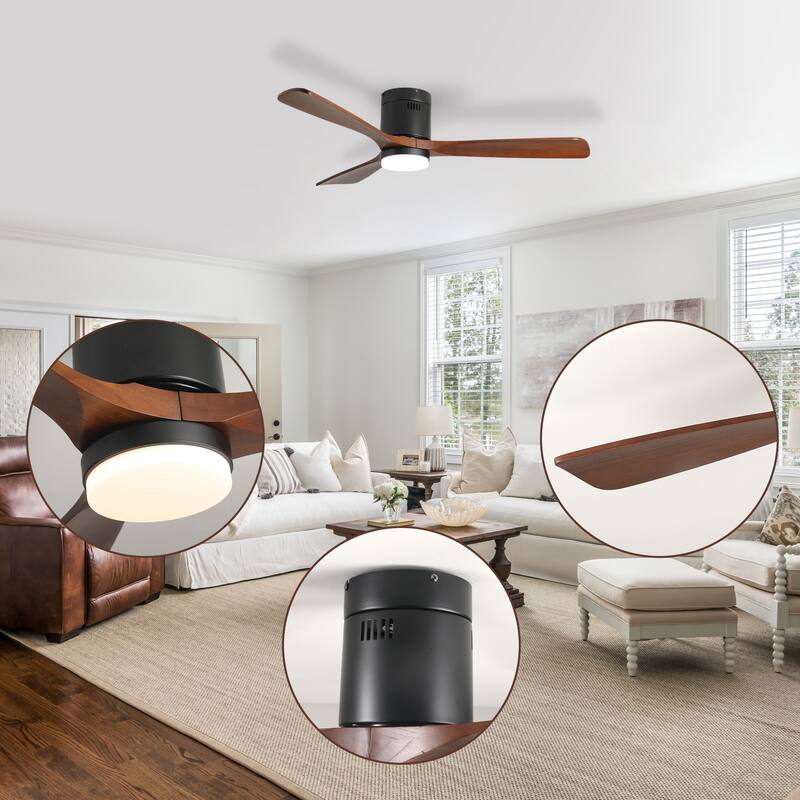 52-inch Ceiling Fan with Light, 3 Wood Blades, Remote Control, Reversible DC Motor for Living Room - Black + Dark Walnut