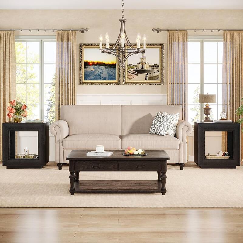 24" Rustic 2-Tier End Table, Side Table with Storage Shelf, Sofa Nightstand for Living Room, Bedroom, Entryway