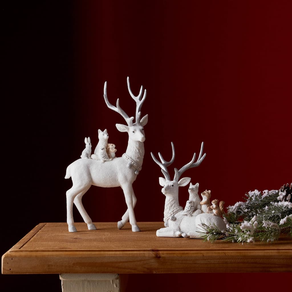 Reindeer with Woodland Friends Glittered Christmas Figurines - 11.5" - Set of 2