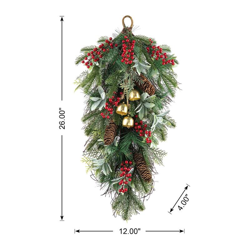 Glitzhome Christmas Berry Bow Pinecone Bell Holy Leaf Teardrop Swag Xmas Wreath