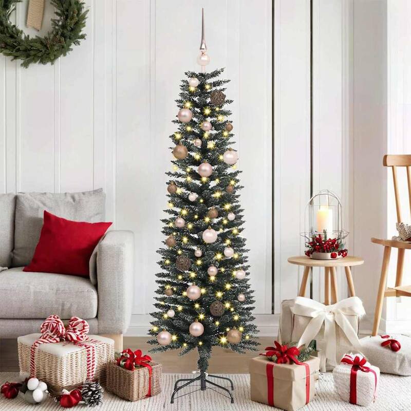 vidaXL Artificial Christmas Tree with Stand Green 40.5 x 40.5 x 120 cm - 40.5 x 40.5 x 120 - Green with LEDs & rose gold balls (3)