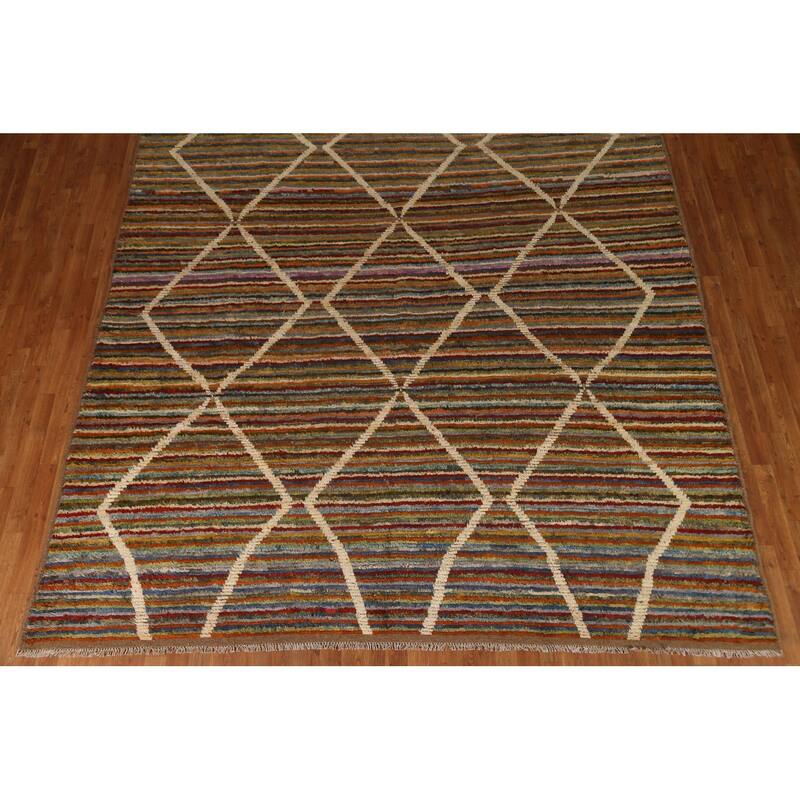 Hand Knotted Oriental 100% Wool Carpet Modern Stripe Multi-Colored Moroccan Area Rug - 13' 0'' X 9' 7''