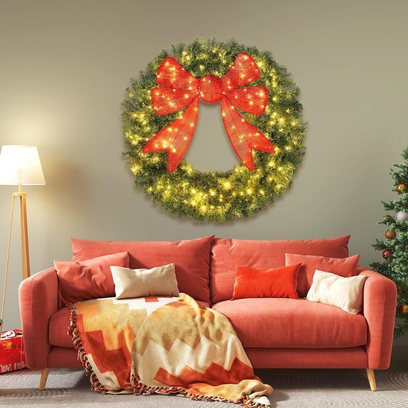 HOMCOM 48in Pre-Lit Xmas Wreath: 200 LED, 11 Modes, Remote, 3D Bow, Indoor/Outdoor