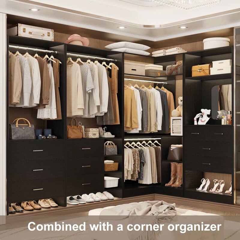 Cimly Set of 3 Closet Organizers with Drawers and Mirror, Freestanding Closet System with Hanging Rods