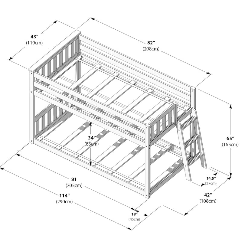 Max and Lily Twin over Twin Low Bunk Bed with Ladder on End