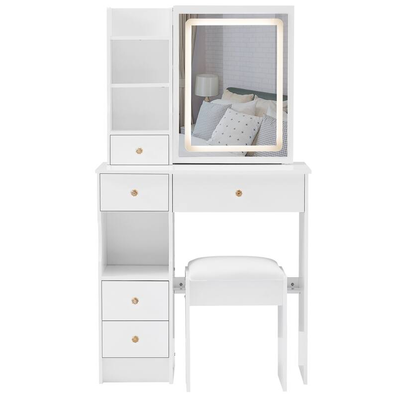 29.2" Small Size Left Drawer Desktop Vanity Table + Cushioned Stool, Large Sliding, Touch Control, Tri-color Switching