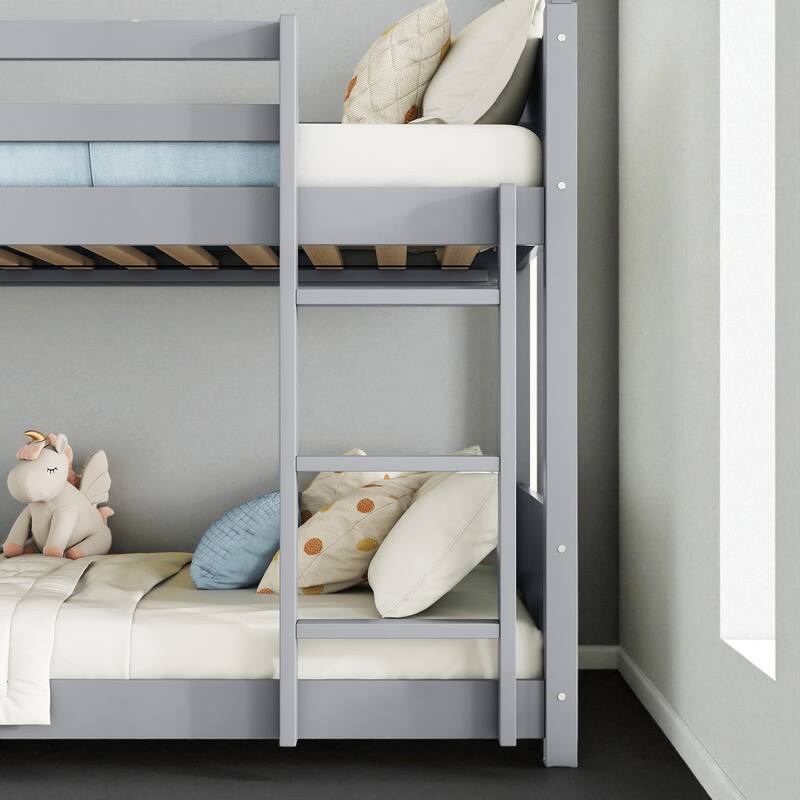 Twin over Twin House Bunk Bed with Roof Frame, Guardrails, Ladder and Headboards, Rubber Wood Kids Floor Bed