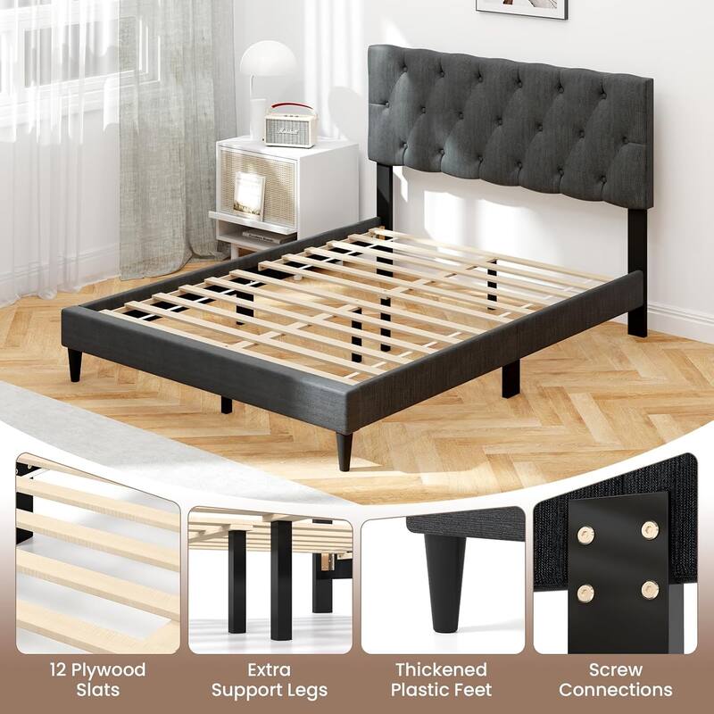 Upholstered Platform Bed w/Diamond Button Tufted Headboard