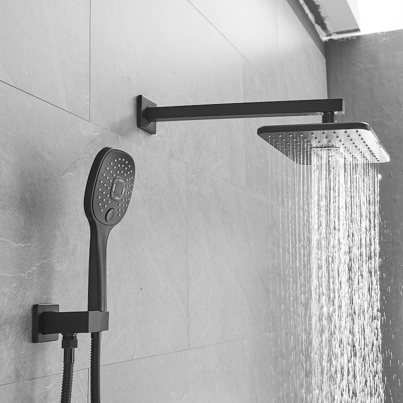 Rectangular Matte Black Rain Shower Faucet System Showerheads with handheld Showerheads,Wall Mounted - Top Showerhead face(in): 11.53" x 7.6" - Black