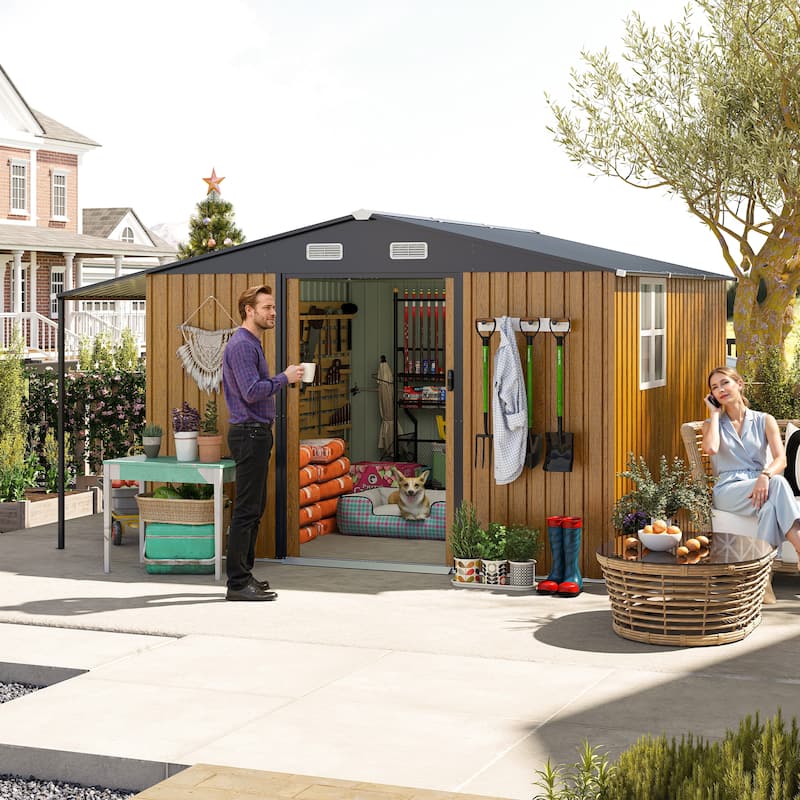10x12 Ft Outdoor Storage Shed, Extra Large Metal Shed with Lockable Doors, Windows, Outside Steel Tiny House Ideal