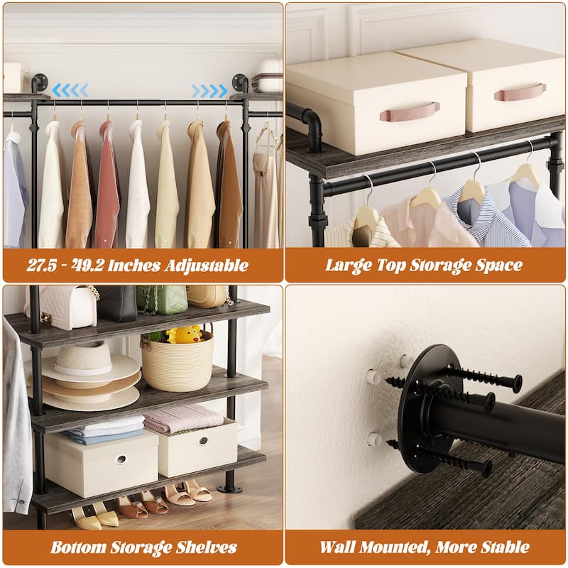 Expandable Industrial Pipe Clothing Rack with 6 Open Shelves,Adjustable Walk-in Closet Organizer System Garment Rack
