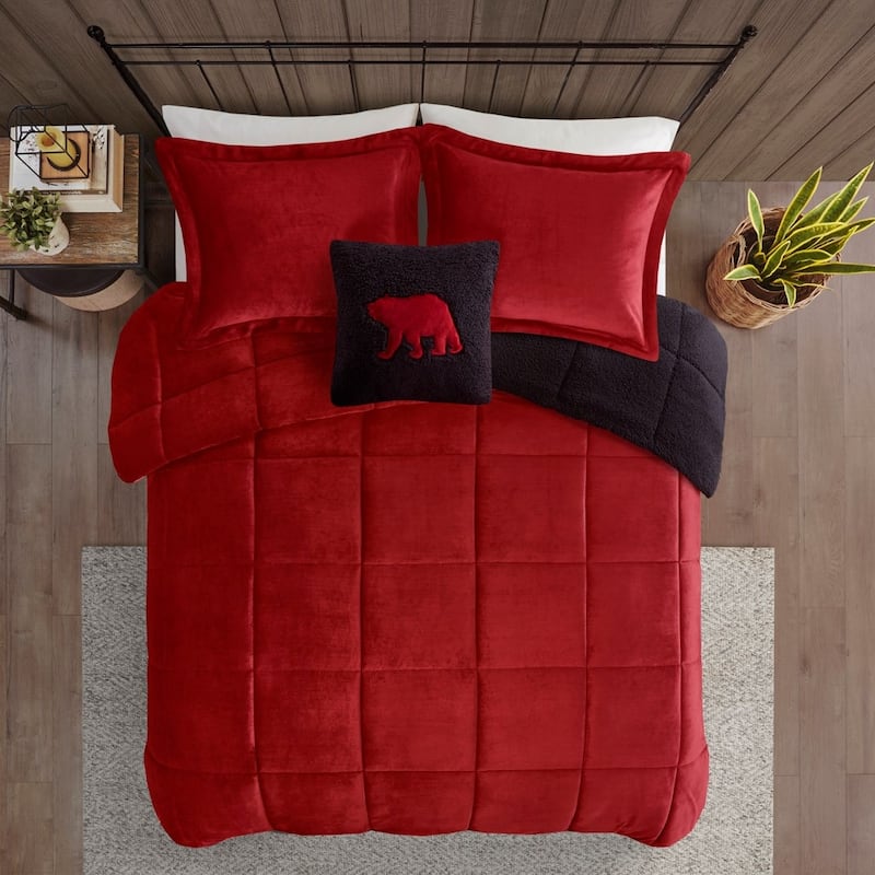 GDF Studio - Alton Plush to Sherpa Down Alternative Comforter Set - Red & Black.